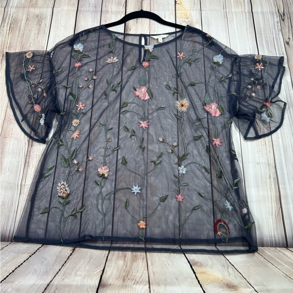 Lucky Brand Embroidered Fairycore Sheer Top - Dark Gray. Whimsigoth. Twee.